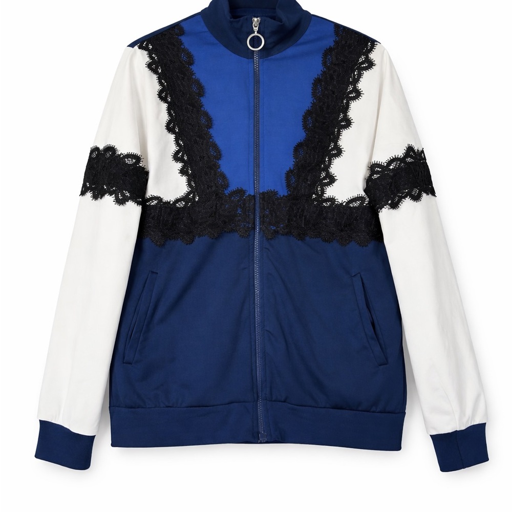 Pinko Lace Trim Colorblock Zip Jacket Blue White Sport Chic
